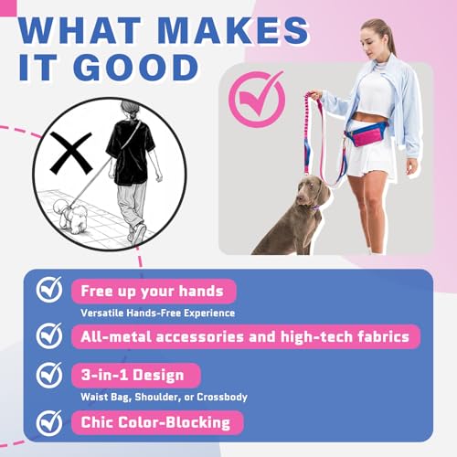 Hands Free Dog Leash with Pouch, Bungee, Waist Belt and Dual Handles - color: White