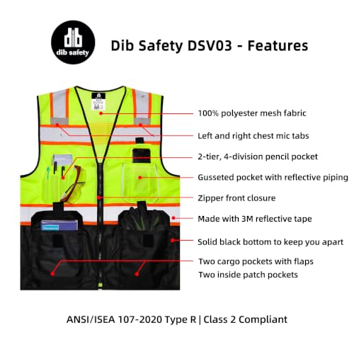 Dib Safety Reflective Safety Vest Made with 3M Tape, Yellow and Black XL - color: Yellow & Black, size: X-Large