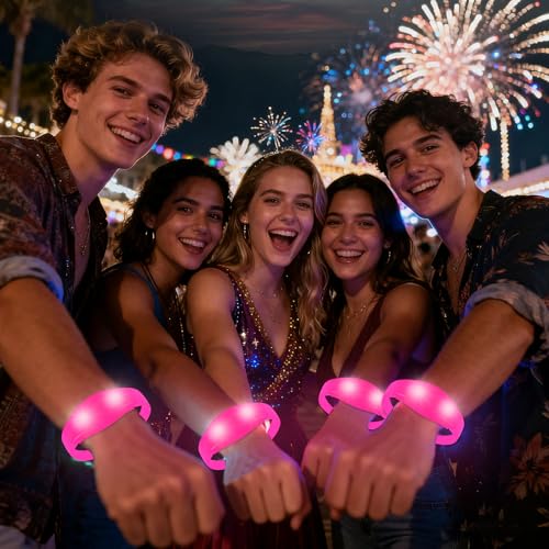 12 Pcs LED Glow Bracelets Sound Activated Flashing Light Up Bracelet for New Years Eve Glow in the Dark Party Supplies Christmas Party Favors Birthday Gift Carnival Concerts Night Events - color: Pink