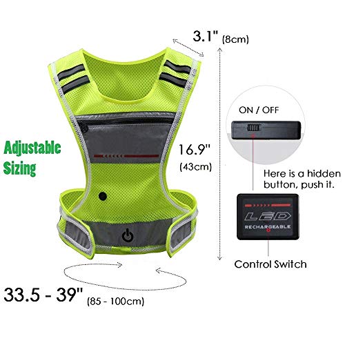 LED Reflective Vest Running Gear with Pouch, USB Charging & Ultralight Reflective Safety Vest | Large Pocket & Adjustable Waist for Night Running Cycling - 3 LED Glowing Modes Reflector Strips