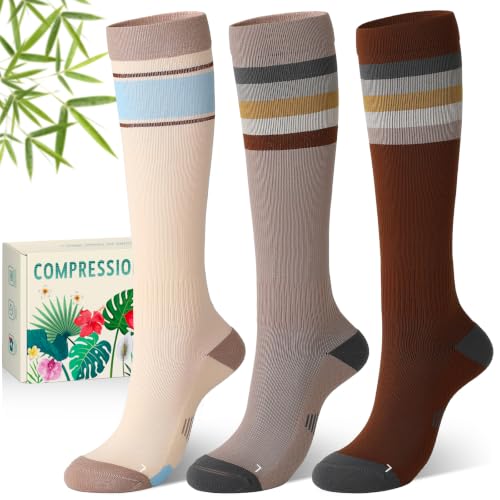 Bamboo Viscose Compression Socks 15-20 mmHg Knee High 3 Pairs Unisex - color: A03-3pair-striped Brown Color Collision, size: Large-X-Large