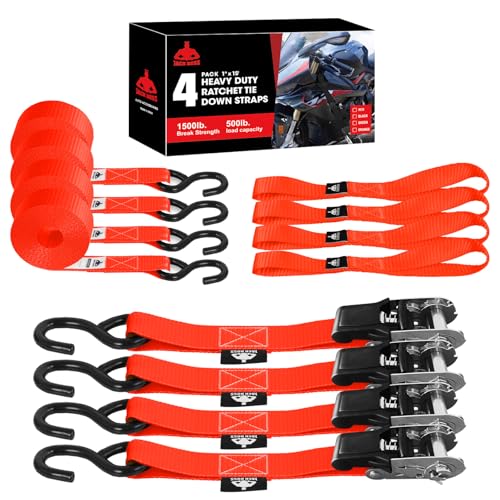 Jack Boss Ratchet Tie Down Straps Set, 1500 lbs Break Strength, 1" x 15' Heavy Duty Ratchet Straps with 4X Soft Loops Padded Handles Coated S Hook, Fits for Moving Appliances Motorcycle, Orange-Red - color: Red-4pcs