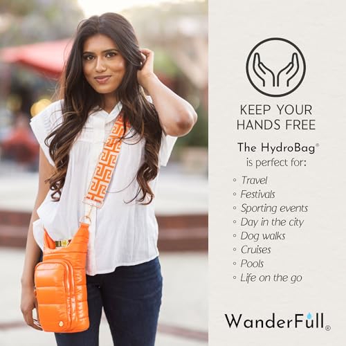 WanderFull Original HydroBag Crossbody Water Bottle Holder with Phone Pocket, Fits Water Bottles up to 32 oz - color: Orange Matte - Patterned Strap