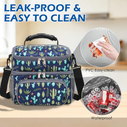FlowFly Double Layer Cooler Insulated Lunch Bag Adult Lunch Box Large Tote Bag for Men, Women, With Adjustable Strap,Front Pocket and Dual Large Mesh Side Pockets - color: Cactus
