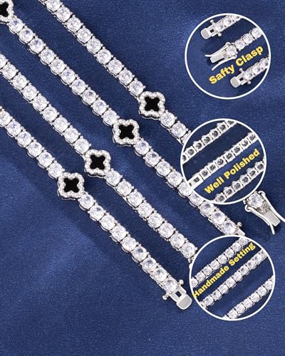 LuxeFlex 4mm Iced Out Four Leaf Tennis Chain,White Gold Plated with 5A Zircon Stones, exquisite Handmade Hip Hop Bling Necklace Perfect Unisex Jewelry Gift - color: White Gold, size: 18 INCH