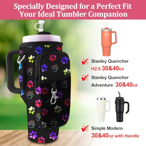 Stanley Carrier Bag for Stanley 40oz/30ozTumbler with Phone with 2 Adjustable Strap,3 Pockets Bottle Stanley Cup Carrier Bag & Case,Accessories for Hiking Travelling - color: Dog paw