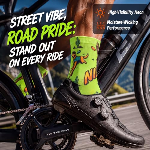 NIcool Cycling Socks For Men, 1/3 Pairs Bright Seamless Compression Running Crew Socks Youth Cushioned Tennis Quarter Socks - color: 1 Pair Neon Green/Dog Print