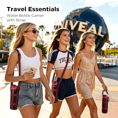 EasyAcc Water Bottle Holder Strap Sling, for Owala FreeSip 24 32 40 oz, Hydro Flask, Cirkul, Yeti, Stanley Flip, Universal Water Bottles, with Carabiner, for Walking Curise Travel (Bottle Excluded) - color: Black Cherry