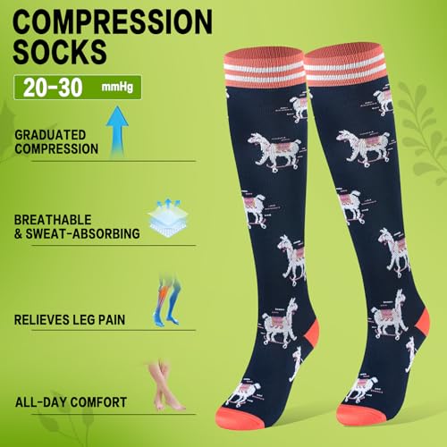 6 Pairs 20-30 mmHg Knee High Compression Socks, Unisex, Running, Travel - color: E-cow, size: Small-Medium
