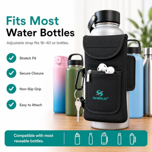 Gym Water Bottle Pouch, Waterproof Neoprene Sleeve with Accessory Pockets for Cell Phone, Airpods, Cards, Keychain Carabiner, Bottle Holder for Workout, Hiking, and More, Fits 18-40 oz Bottles - style: Universal Water Bottle Pouch (Black 18-40 oz)