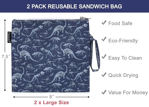 Fammart Reusable Sandwich Bag/Snack Bag for Kids & Adults, Dual Layer Lunch Bag with Handle, Washable, Food Safe, BPA Free (2-Pack, Dinosaur Fossil) - color: Large, 2 Packs - Dinosaur Fossil