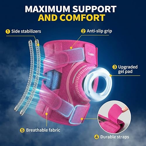 CAMBIVO Knee Brace with Side Stabilizers & Gel Pad, Open Patella Adjustable - color: Hot Pink, size: Medium