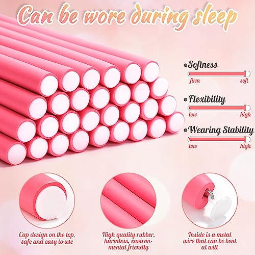 Selizo 30Pcs 9.45"x0.55" Flexible Hair Rollers, Foam Curlers for Short, Medium and Long Hair, No Heat Curlers, Hair Rods - Pink(Diameter 0.55') - color: Pink(Diameter 0.55")