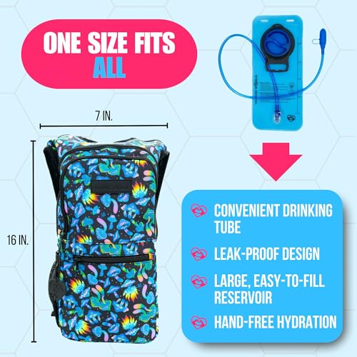 Kandies World Reflective Festival Hydration Pack - 2L Hydropack for Raves, Hiking, Biking, Running, and More (with Anti-Theft Pocket) - style: Mushroom
