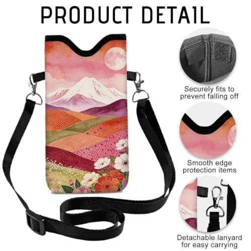 GLOBLELAND Sunset Valley Cell Phone Sleeve Pouch Case Bag 7.1×3.9 inch Moutain Flowers Shockproof Universal Phone Bag with Crossbody Strap Neck Lanyard for Women Men Phone Headphones Watch - color: Sunset Valley