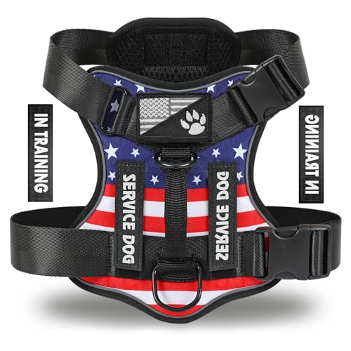 Service Dog Harness, Reflective Dog Vest Harness with 5 PCS Patches, Adjustable Soft Oxford Pet Harness, Inner Layer Mesh, Easy to Control - color: USFLAG, size: X-Large (Pack of 1)