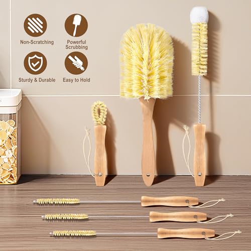 Bottle Brush Set - 6 Pack Sisal Bristle Natural Bottle Brush, All in One Bottle and Straw Brush Cleaning Set for Water Bottles, Glasses, Cups and Lid