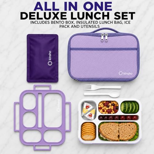 kinsho Bento Lunch Box, Ice Pack Insulated Bag for Kids Girls Teens, Purple - color: Purple