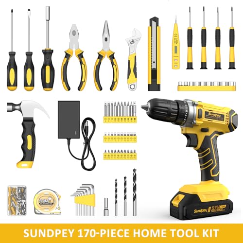 Sundpey 170 Pcs Portable Basic Home Tool Kit Set with 21V Cordless Drill