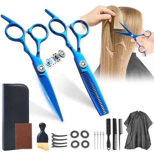 21Pcs 440C Hair Cutting Scissors Kit, Hair Scissors & Thinning Scissors Set - color: Blue
