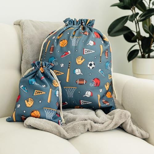 Gather & Knot Drawstring Gift Bags | 20" Large 12" Small | Premium Canvas | Reusable Fabric Wrap for Boy Birthday | Baseball Football Socccer | Sports - color: Sports
