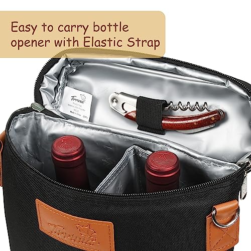Tirrinia 2 Bottle Insulated Wine Tote Carrier Bag - color: Black, size: 2 Bottle-without front pocket