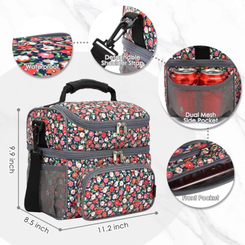 FlowFly Double Layer Cooler Insulated Lunch Bag Adult Lunch Box Large Tote Bag for Men, Women, With Adjustable Strap,Front Pocket and Dual Large Mesh Side Pockets - color: Floral