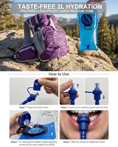 VPBAGE Hydration Backpack with 2L Bladder – Thermal Insulated Water Pack for Hiking, Skiing, Running – Lightweight Daypack for Men & Women, Soft-Lined Sunglasses Pocket & Large Waist Pockets - color: Dark Purple