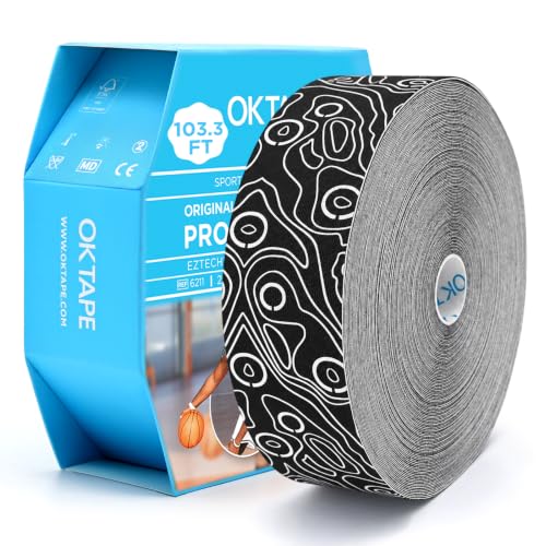 (2in X 103 Feet) OK TAPE PRO Bulk Kinesiology Tape, Original Elastic Latex Free Kinesiology Therapeutic Tape, Free Cut Printed - color: Black