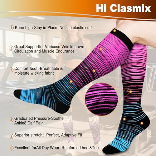 Compression Socks for Women&Men 20-30mmHg Graduated Knee High Stocking - color: 05-5 Pairs Multi Stripe 02, size: Small-Medium