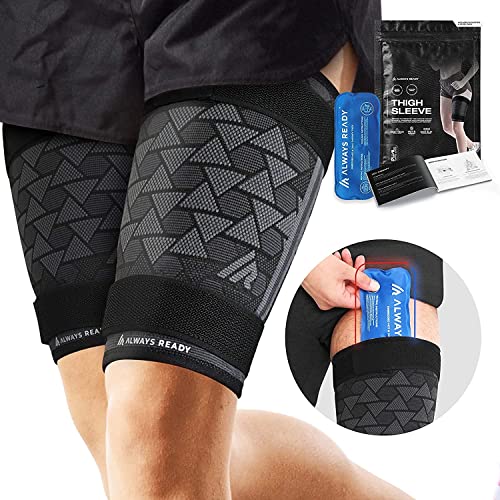 Always Ready, Thigh Compression Support Sleeve (2 Per Pack) with Hot & Cold Gel Pack for Hamstring & Quadricep Muscle Strains & Injury, Men & Women, Two Adjustable Compression Straps, Non-Slip (M) - size: M