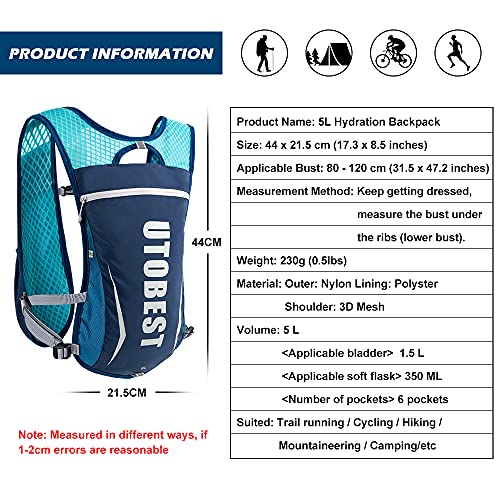 UTOBEST Running Vest Lightweight Hydration Vest Pack 5L UTR104 - color: Blue Vest 5L with 2 x Soft Flask
