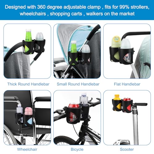 Accmor Stroller Cup Holder, Universal Cup Holder for Walker Wheelchair Bike Scooter, 360° Rotatable Stroller Cup Holder Attachment Walker Wheelchair Accessory - color: Double Cup Holder-Black