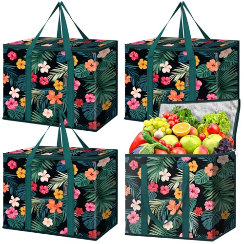 BALEINE Insulated Reusable Grocery Bags with Zippered Top, Large Cooler Bag - color: Blossom Season, size: 4 Pack