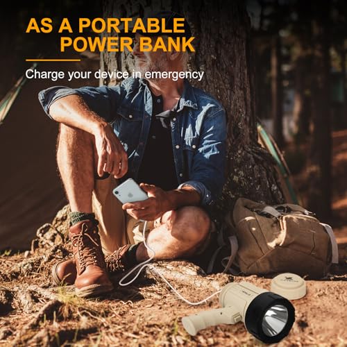 YIERBLUE Rechargeable Spotlight Flashlight with High Lumen LED, IP67 Waterproof Long Running Spot Light searchlight, Impact Resistant Handheld Spotlight with Foldable Stand and Red Lens - color: Pearl