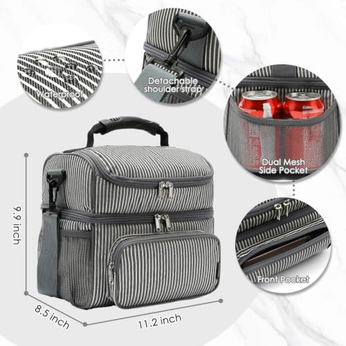FlowFly Double Layer Cooler Insulated Lunch Bag Adult Lunch Box Large Tote Bag for Men, Women, With Adjustable Strap,Front Pocket and Dual Large Mesh Side Pockets - color: White&Black Stripes