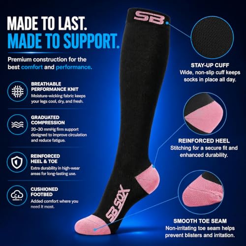 SB SOX Compression Socks for Men & Women (20-30mmHg) - color: Two Stripes (Black/Pink), size: Small