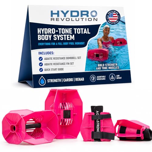 Aquastrength Hydro-Tone Total Body Pool Exercise System, Isokinetic Functional Water Weights, Bells 12" x 7.5", Fins 6.5" x 2.5", Quick Start Guide Included - color: Pink