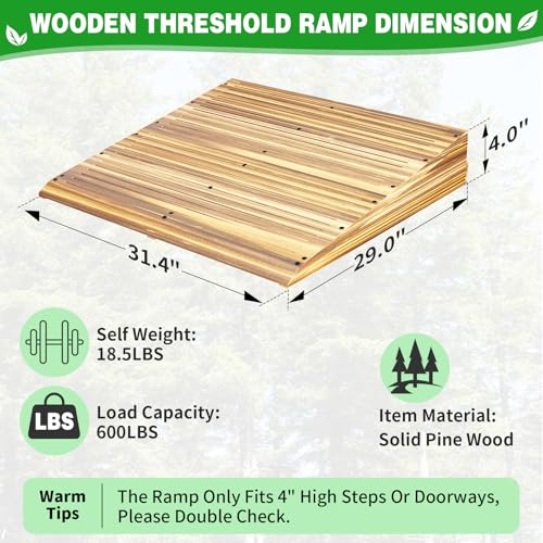 4" Rise Solid Wooden Threshold Ramp with Grooves for Home Steps/Wheelchairs - size: 4 inches