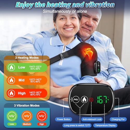 Cordless Heated Shoulder Brace with Vibration,Heated Shoulder Wrap Massager - color: Black