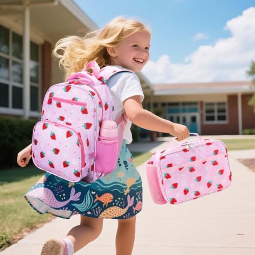RHCPFOVR Kids Lunch Box for Girls Teens Insulated Lunch Bag Reusable Lunch Tote Kit for School Travel - color: Pink Strawberry