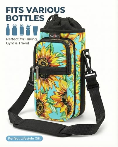 AUPET Water Bottle Sling Bag Sleeve Holder Carrier 25/32/40/64 oz,Insulated Crossbody Water Bottle Case Cover with Strap and Pockets for Men/Women Walking Hiking - color: Sunflower Green background, size: 40oz