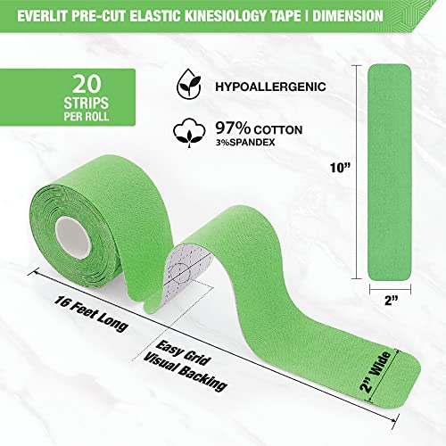 EVERLIT [4-Pack] Pre-Cut Elastic Cotton Kinesiology Therapeutic Athletic Sports Tape, for Pain Relief and Support, 80 Precut 10” Strips (Lime Green) - color: Lime Green