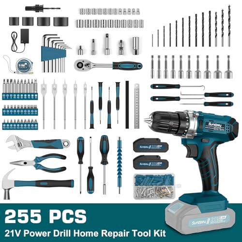 Sundpey 255-PC Portable Home and Auto Tool Kit Set with 21V Cordless Drill