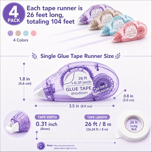 MARCADORUS Glue Tape for Scrapbooking, Double Sided Tape Roller 106Ft Total - size: 26 Ft x 0.31 In : 4 Pack