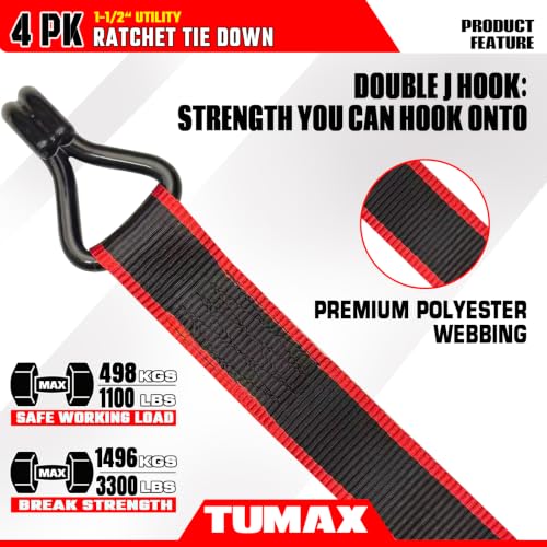 4 PK with Ammo Box, 1.5" x 16 FT Heavy Duty Tie Down Straps - size: 3300lbs-Black