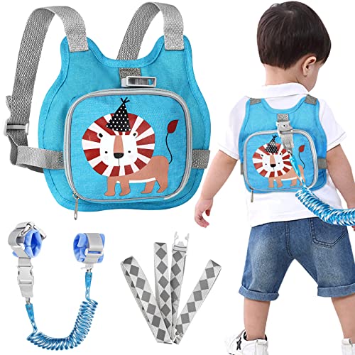 Toddler Harness Leash+ Anti Lost Wrist Link, Accmor Adorable Lion Baby Harness with Leash, Collapsible Child Anti Lost Leash Cute Kid Harness Belt Strap - Keep Kids & Babies Close While Walking - color: Baby Blue/Lion