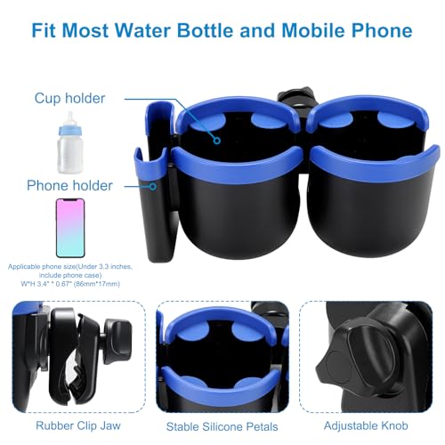 Accmor Stroller Cup Holder with Phone Holder, Bike Cup Holder, Walker Scooter Wheelchair Cup Holder Attachment, Universal Cup Holder for Uppababy Graco Strollers - color: Double Holder-Blue