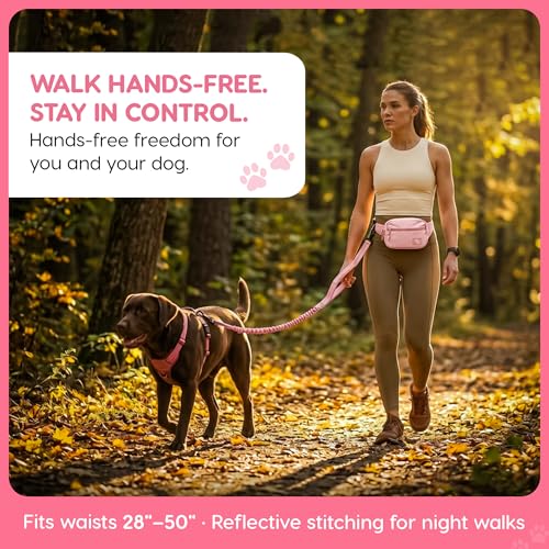 Hands Free Dog Leash with Zipper Storage Pouch - Waist Belt Bungee Running, Walking & Hiking Leash - Padded Handle - Seat Belt Attachment - Reflective No Pull Control for Medium Large Dogs 10-120 lbs