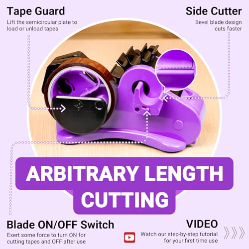 THINKLEARN Tape Dispenser with Scissors and Utility Knife, Purple - color: Purple